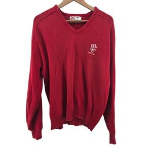 Isle of Cotton Sweater Mens L Red Indiana IU V-Neck Knit Cotton Made USA Vintage